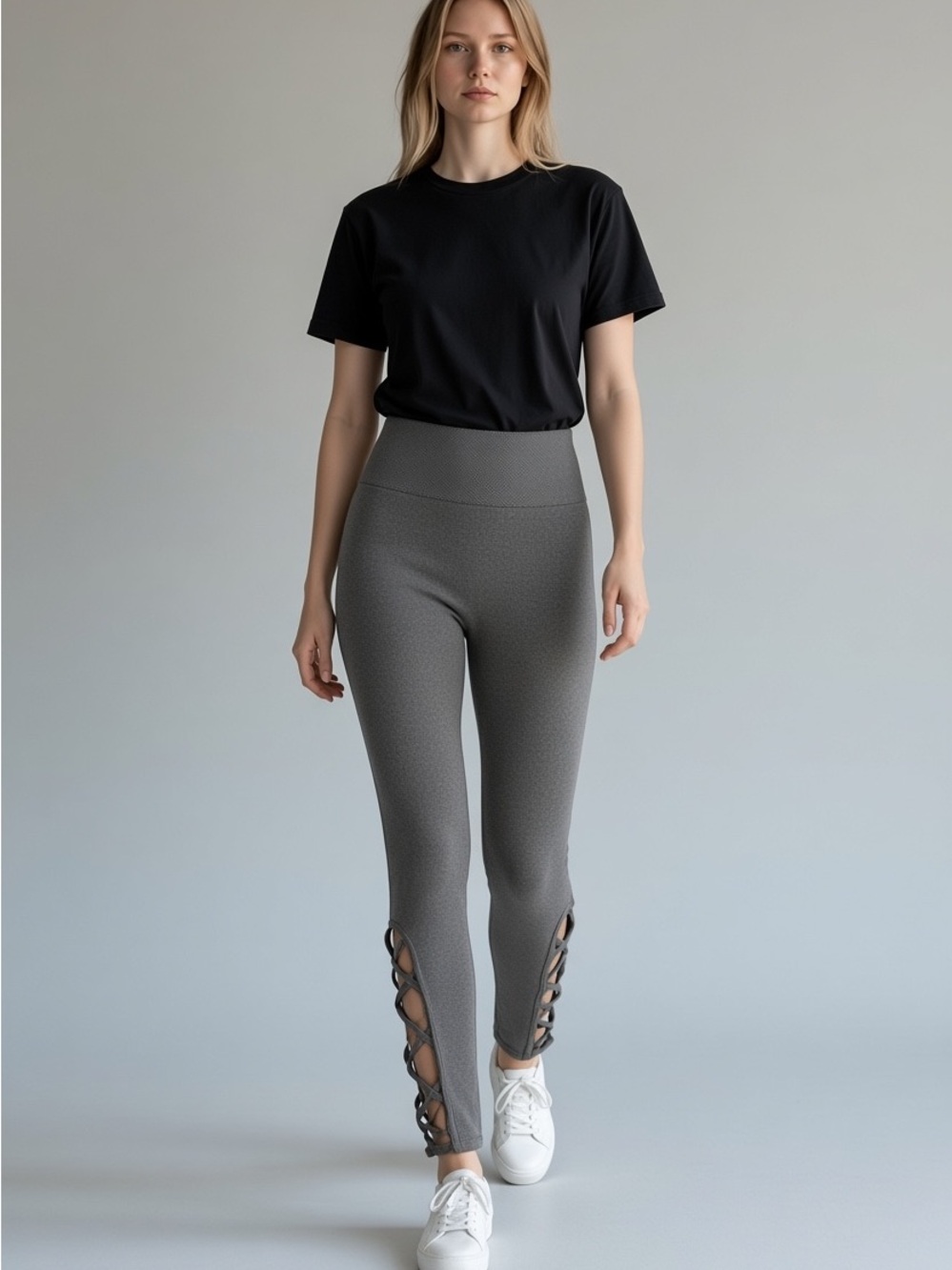 Zenana Outfitters Black Tee with Gray Lace-Up Leggings